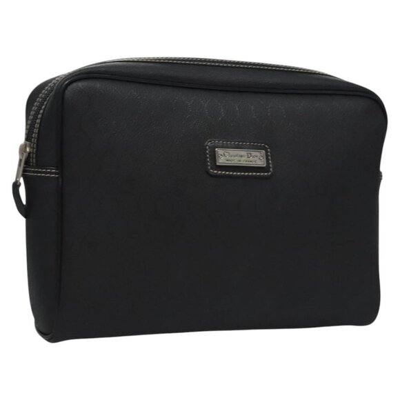 Christian Dior Honeycomb Canvas Clutch Bag PVC Leather Black Silver Auth - Picture 1 of 16